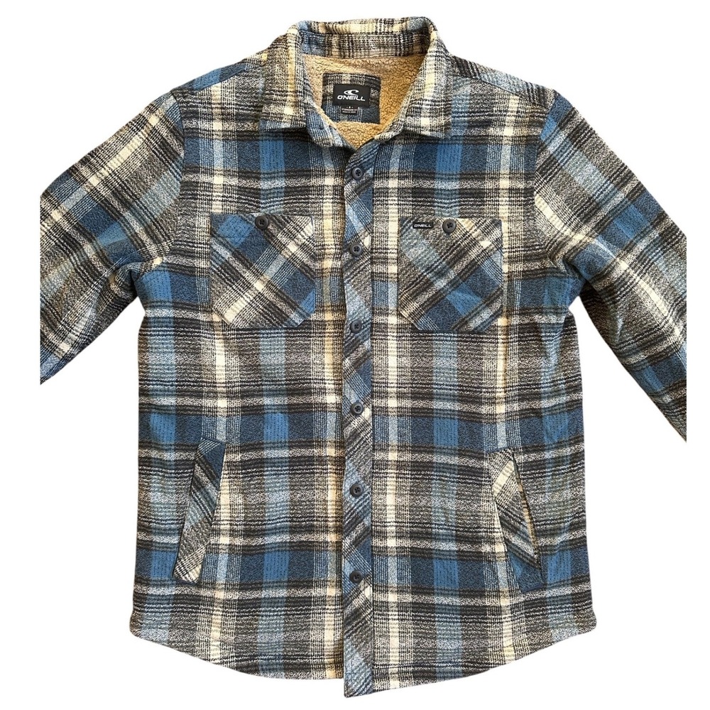 O'Neill Plaid Sherpa Lined Flannel Shirt Jacket‎ Mens S Blue Excellent Shacket